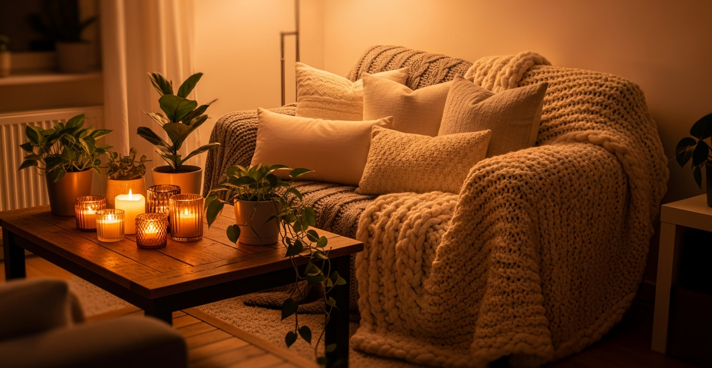Cozy room with warm knit blankets, candles, and plants in amber lighting