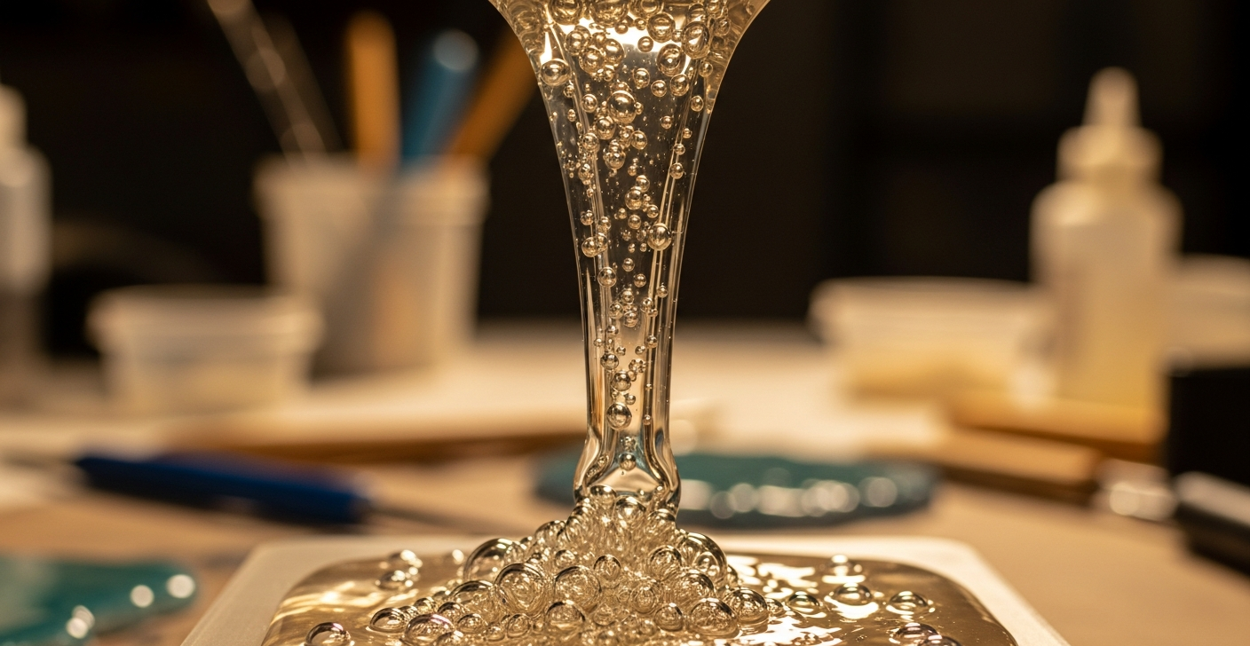 Handmade resin lamp unique, liquid resin being poured in layers