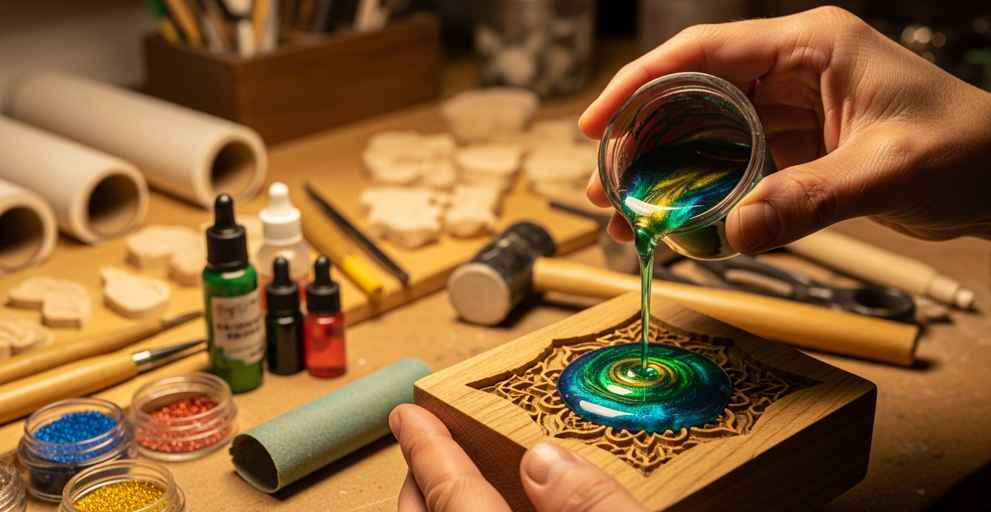 Artisan hands pouring colored resin into wooden mold in workshop