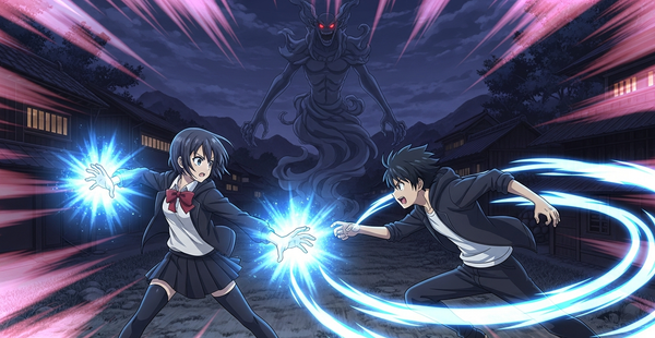 Two teenagers with supernatural powers facing a spectral yokai entity in an eerie rural village at night under blue and pink energy