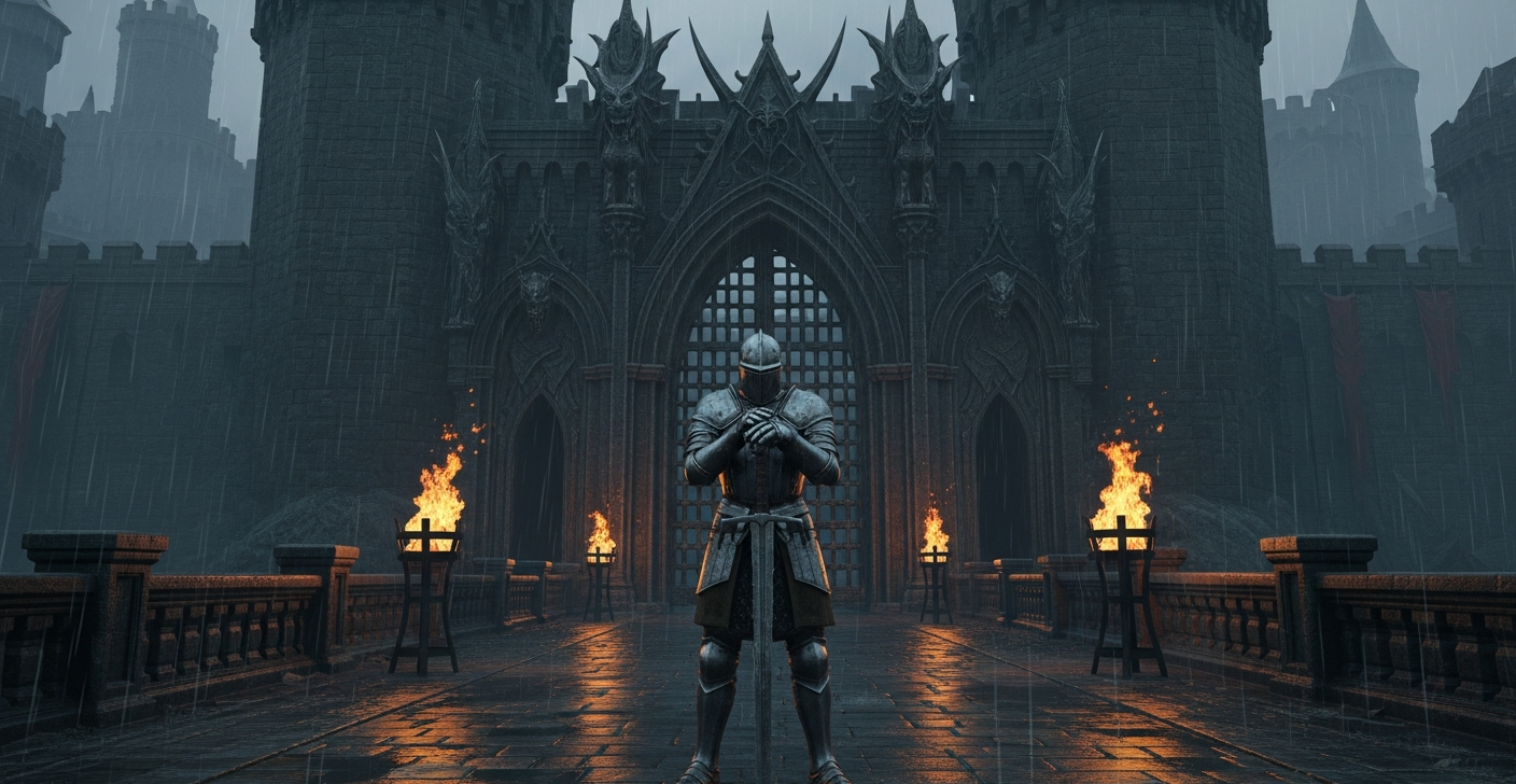 Lone knight before massive castle gates in rain with bonfires along gothic stone path