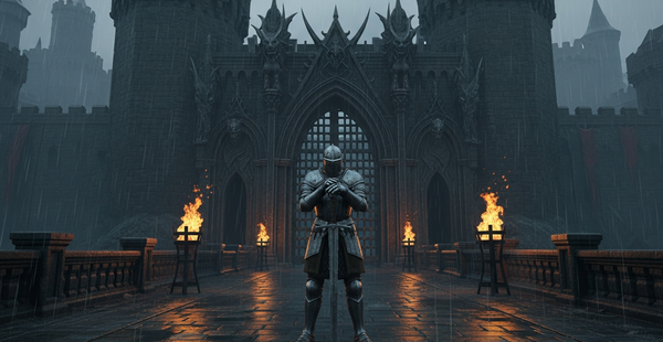 Lone knight before massive castle gates in rain with bonfires along gothic stone path