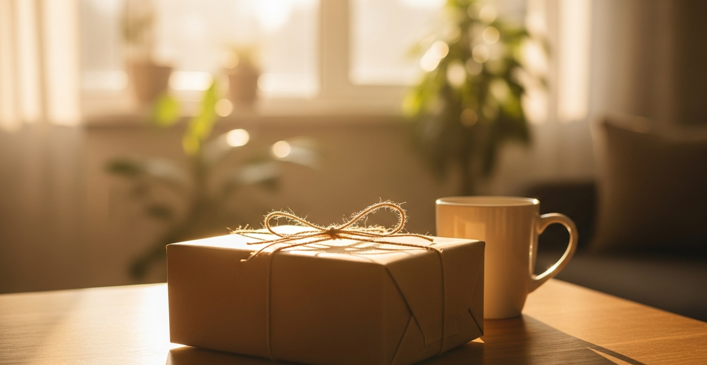 Warm-toned wrapped gift on a wooden table beside a softly glowing lamp, evoking a thoughtful Father's Day moment