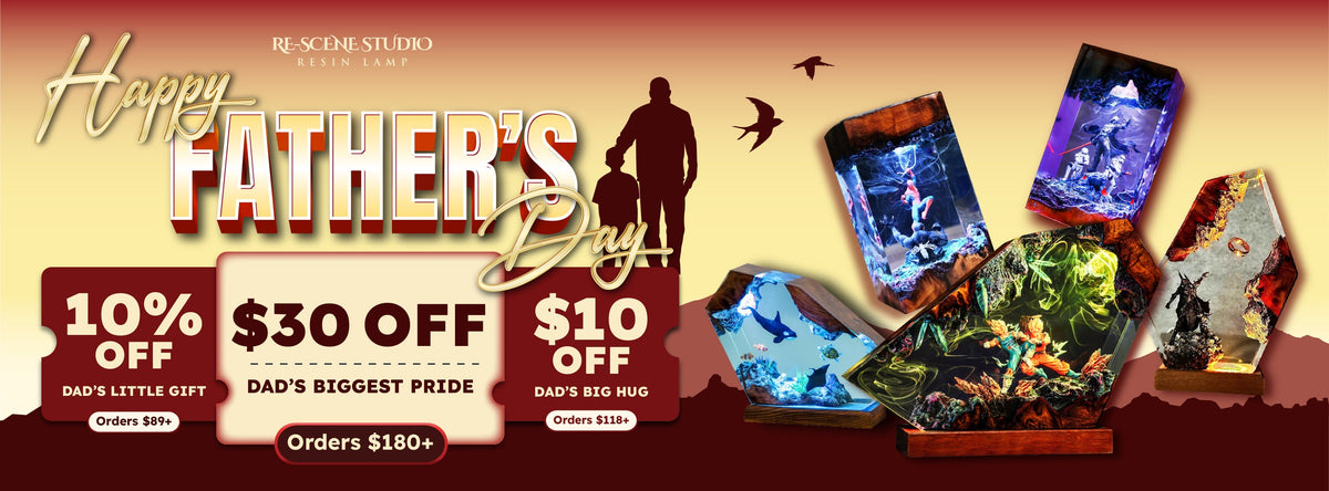 Happy Father's Day 2026 Rescene Studio promotional banner with voucher tier details, dad and child silhouette, and the handcrafted gift collection lineup
