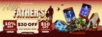Happy Father's Day 2026 Rescene Studio promotional banner with voucher tier details, dad and child silhouette, and the handcrafted gift collection lineup