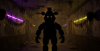 Freddy Fazbear animatronic silhouette in dark abandoned pizzeria hallway with glowing eyes