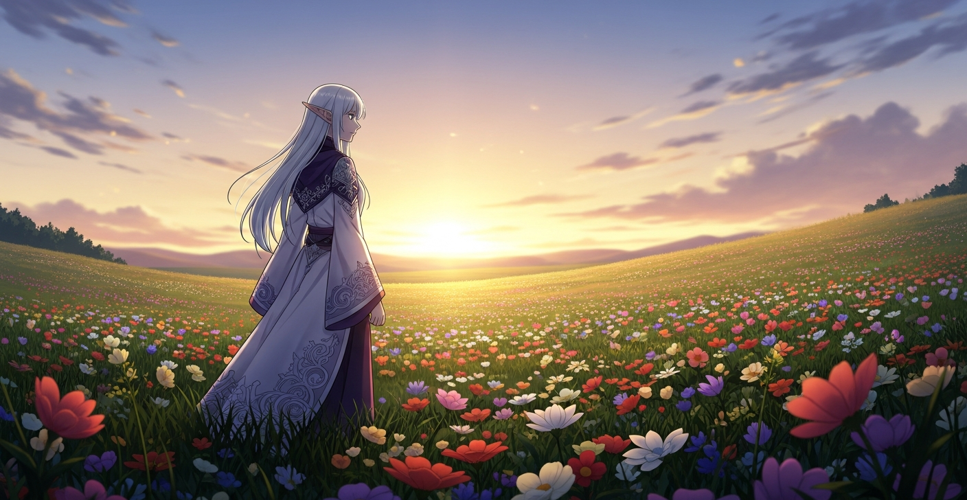 Frieren walking alone through a flower meadow at sunset from Beyond Journeys End anime
