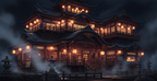 Spirited Away bathhouse at night with glowing lanterns and magical atmosphere