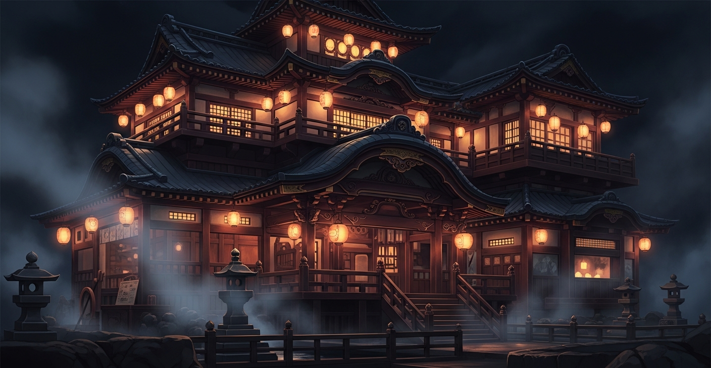 Spirited Away bathhouse at night with glowing lanterns and magical atmosphere