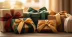 Beautifully wrapped gift boxes with ribbon on wooden table warm natural lighting
