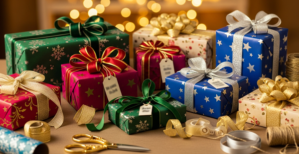Colorful wrapped gifts arranged on table for anime fan celebration