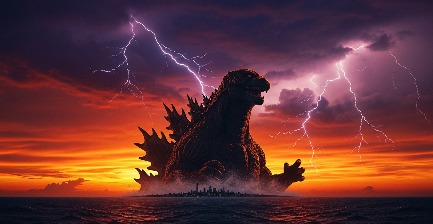 Godzilla silhouette rising from ocean at sunset with city skyline showing massive scale