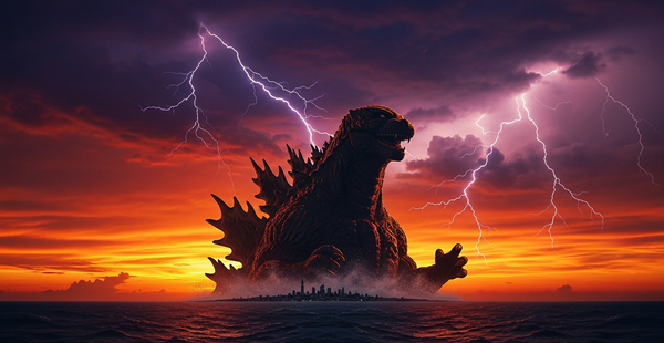 Godzilla silhouette rising from ocean at sunset with city skyline showing massive scale
