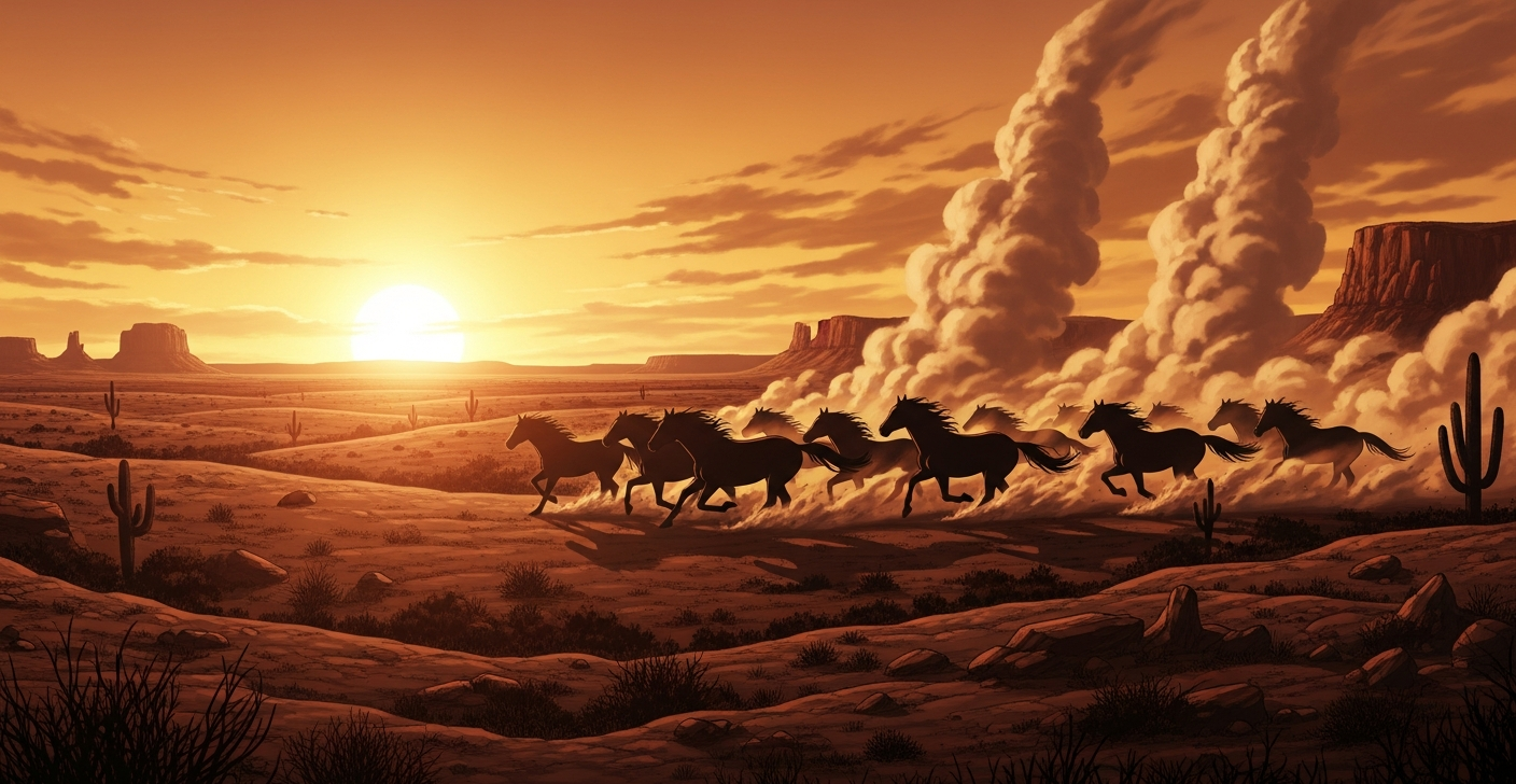 Wild West desert sunset with horses galloping manga art Steel Ball Run