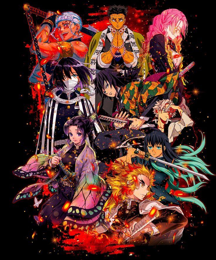 Demon Slayer Hashira group illustration featuring Rengoku, Giyu, Shinobu, Mitsuri, Tengen, Muichiro, Sanemi, Obanai and Gyomei from Kimetsu no Yaiba anime