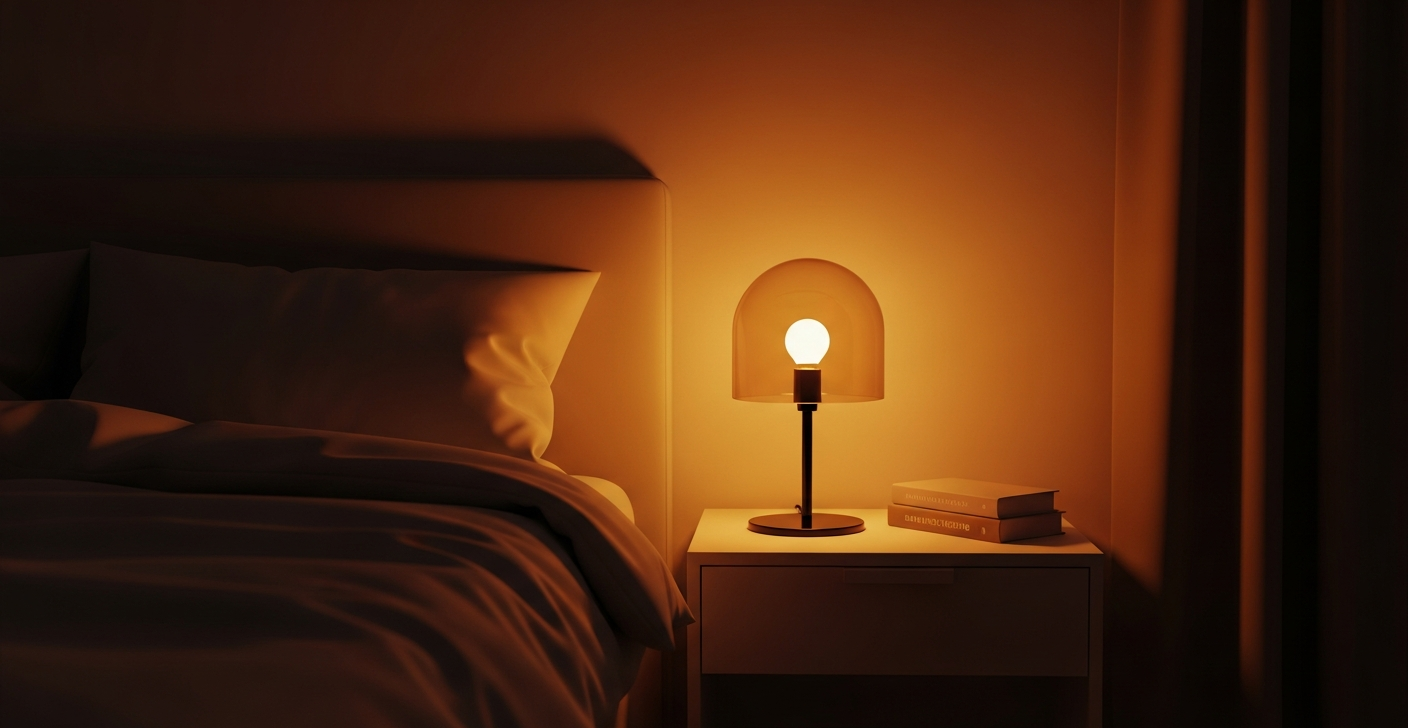 Cozy bedroom with warm amber lighting at twilight showing ideal LED color temperature