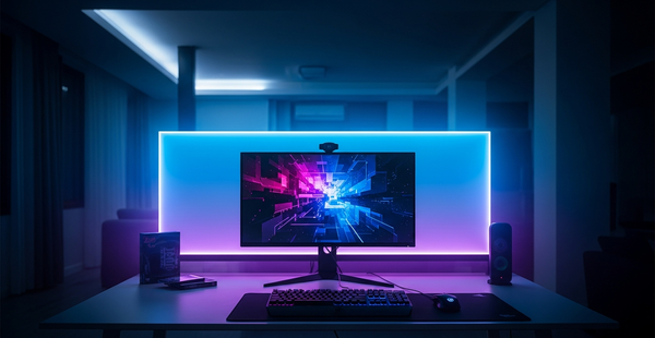 LED strip lights glowing behind a desk monitor creating blue and purple ambient light