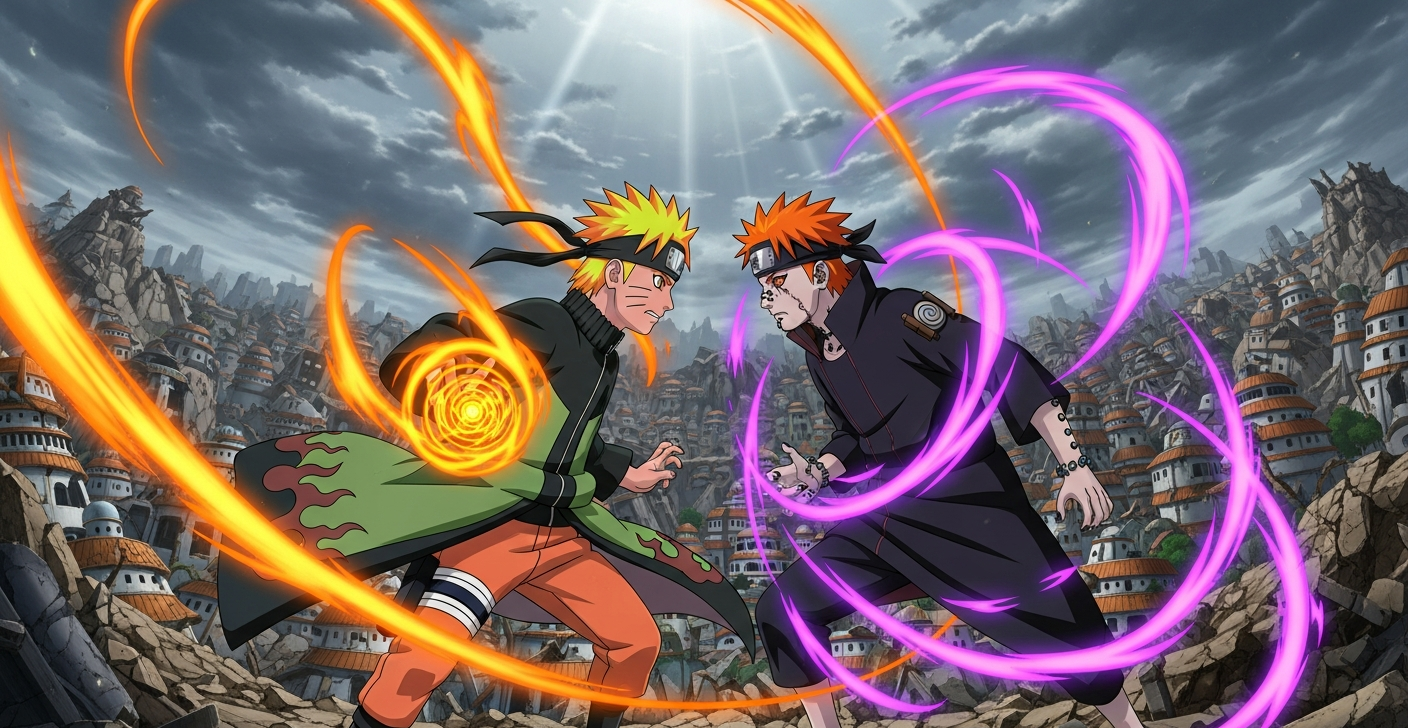 Naruto in sage mode facing Pain in destroyed Konoha village during epic battle