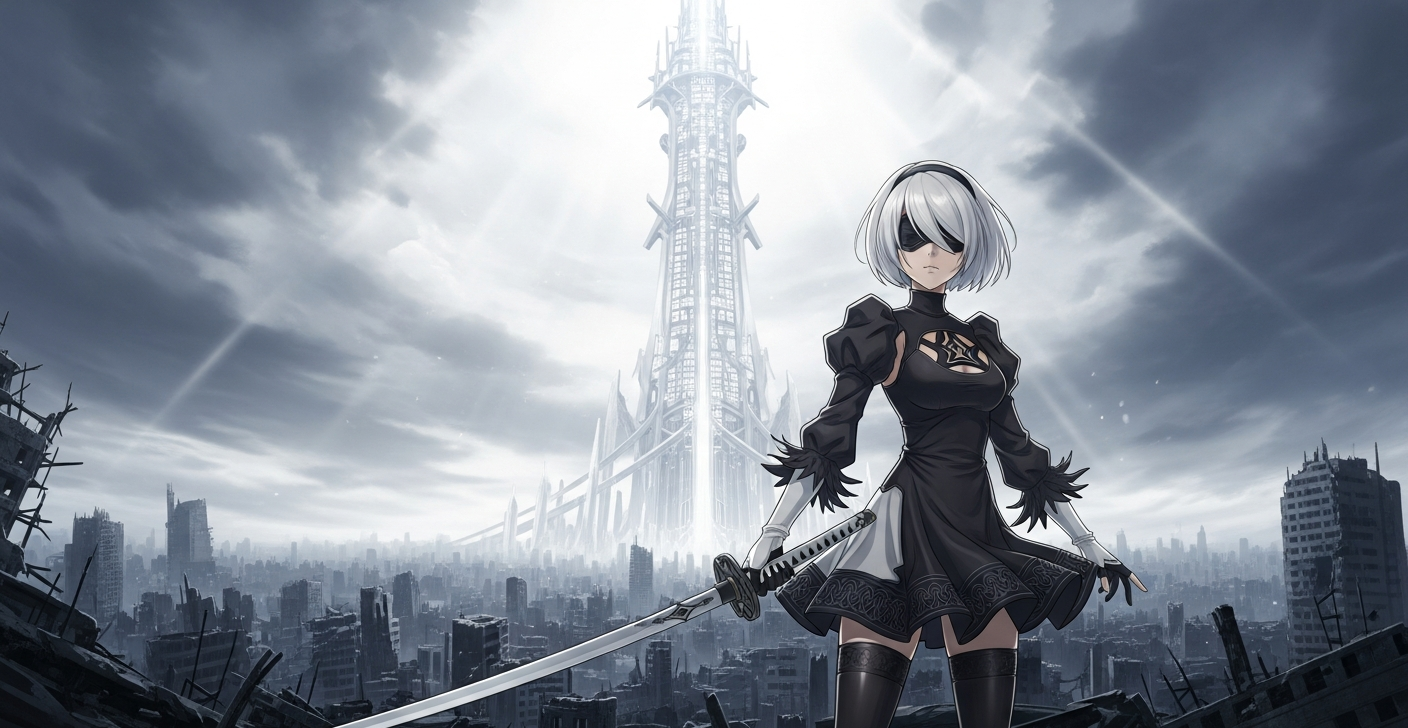 NieR Automata endings explained, the Tower rising above ruined cityscape