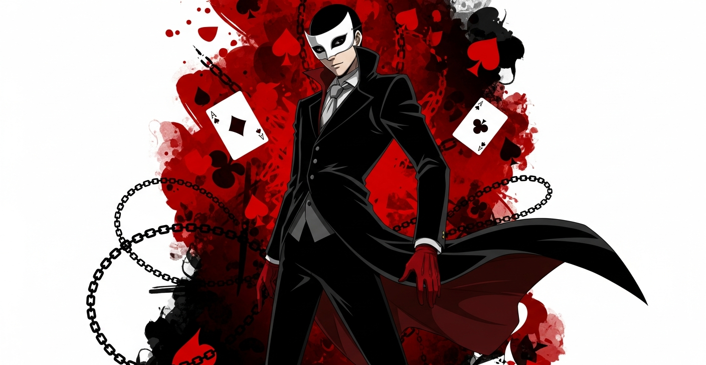 Persona 5's Joker in his Phantom Thief outfit standing in a stylized urban Tokyo alley with bold red and black design accents