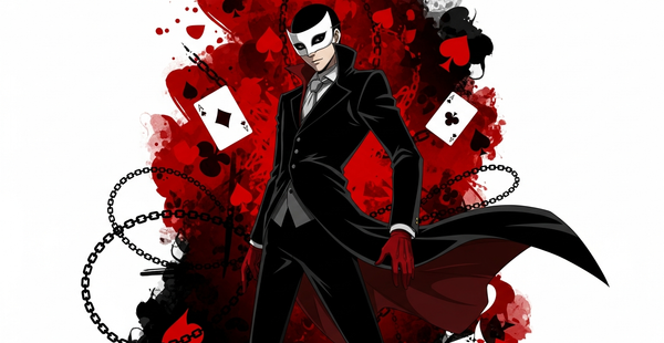 Persona 5's Joker in his Phantom Thief outfit standing in a stylized urban Tokyo alley with bold red and black design accents