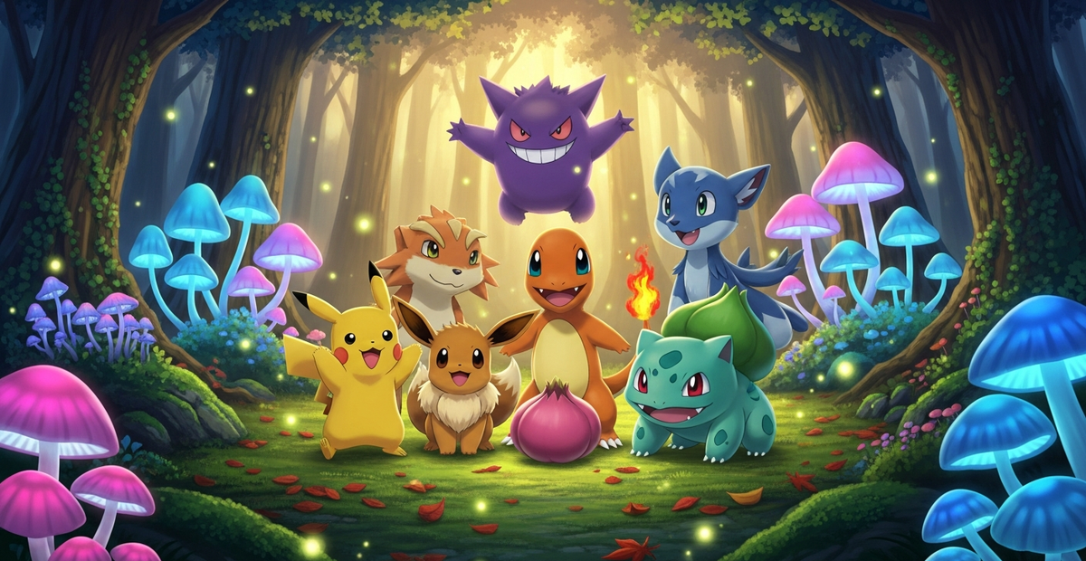 Pokemon characters gathered in a magical forest clearing with glowing mushrooms
