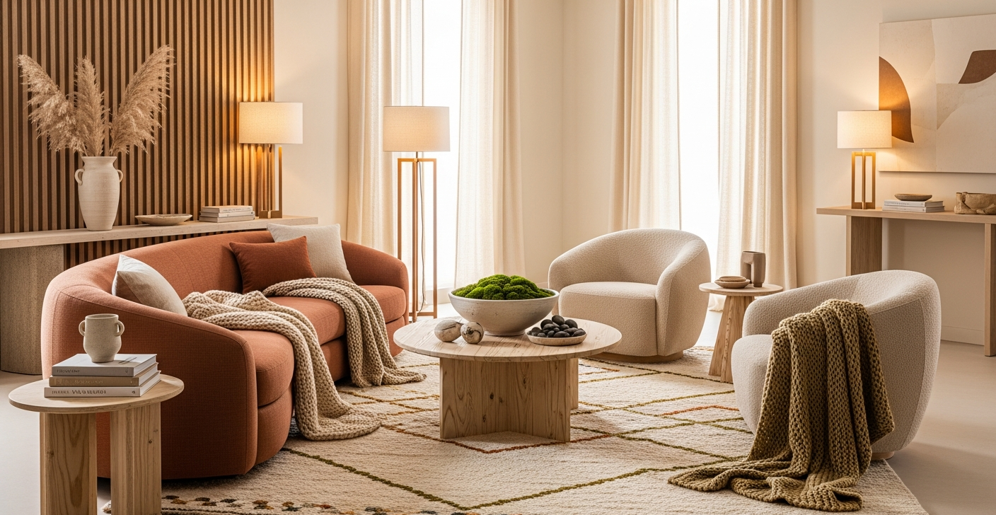 Modern living room showcasing 2026 interior design trends with curved furniture and warm earth tones