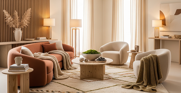 Modern living room showcasing 2026 interior design trends with curved furniture and warm earth tones