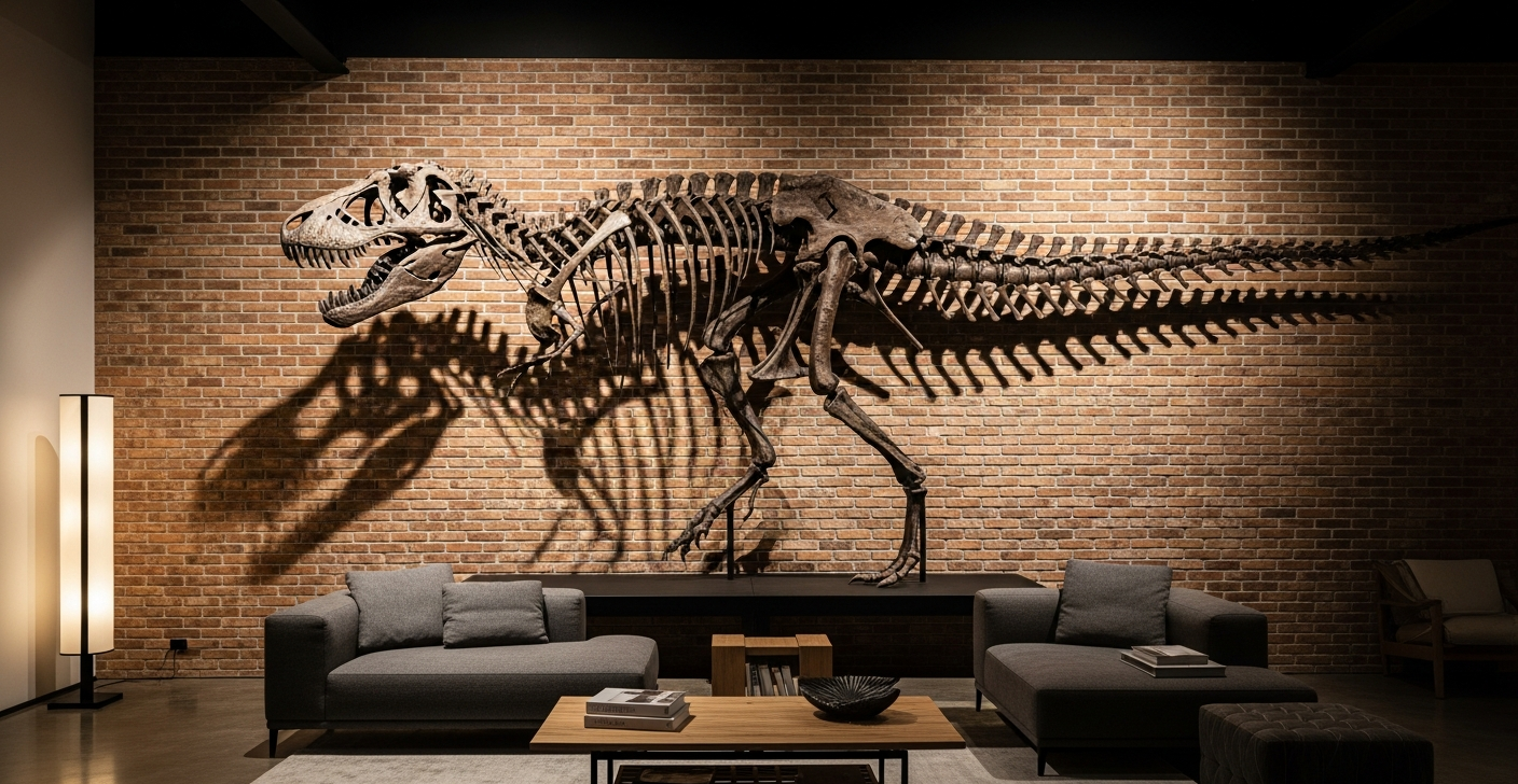 T-Rex skeleton fossil display in a modern stylish living room with dramatic lighting