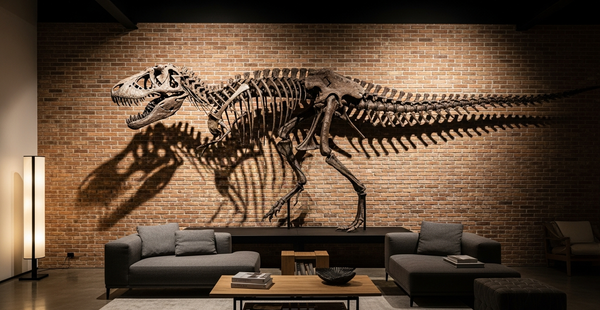T-Rex skeleton fossil display in a modern stylish living room with dramatic lighting