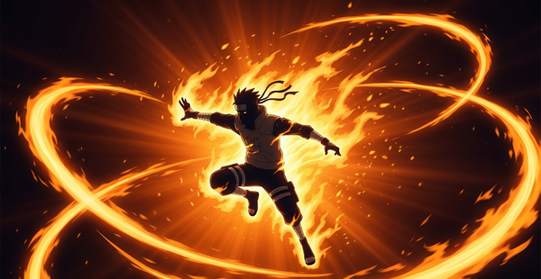 Anime ninja silhouette surrounded by intense orange chakra energy aura in dramatic action pose