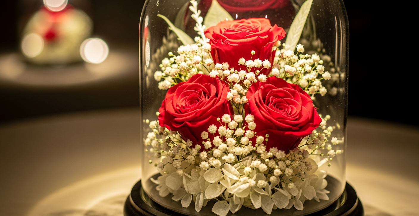 Preserved flower arrangement in glass dome with eternal roses and soft warm lighting