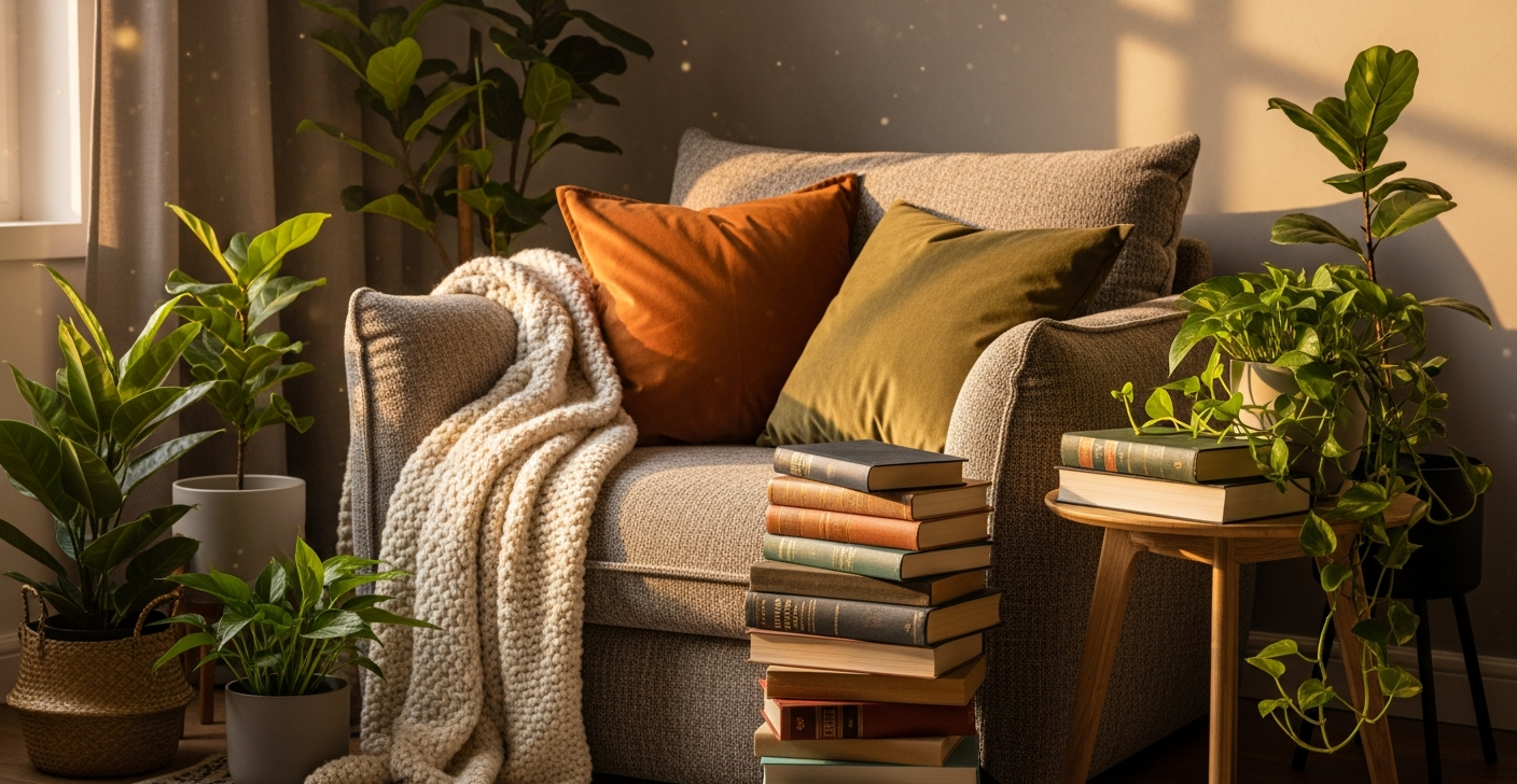 Cozy reading nook with warm ambient lighting plush armchair and stack of books