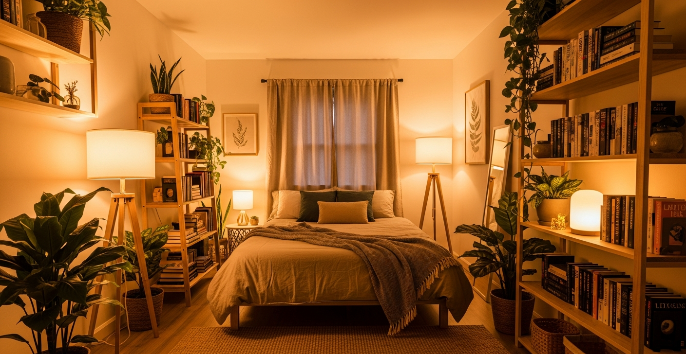 Cozy small bedroom with warm ambient lighting from floor lamps and table lamps