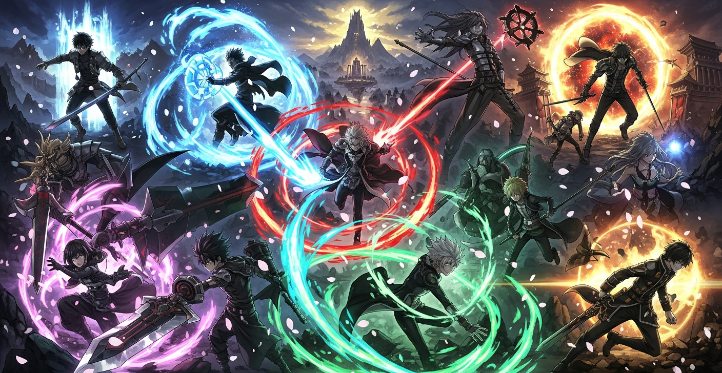 Spring 2026 anime season collage with fantasy and action characters and cherry blossoms