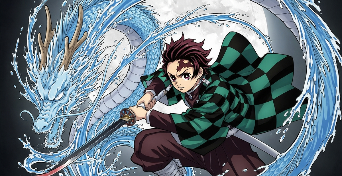Tanjiro Kamado performing Water Breathing with blue water dragon from Demon Slayer
