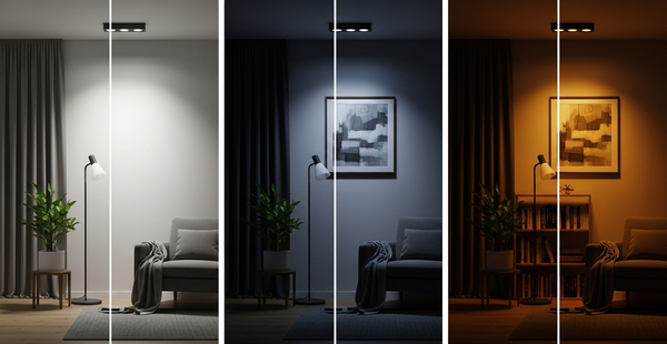 Modern living room showcasing three layered lighting types: ambient ceiling glow, focused task light over a desk, and warm accent lighting on a shelf