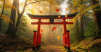 Traditional Japanese torii gate in morning mist at forest shrine with autumn leaves