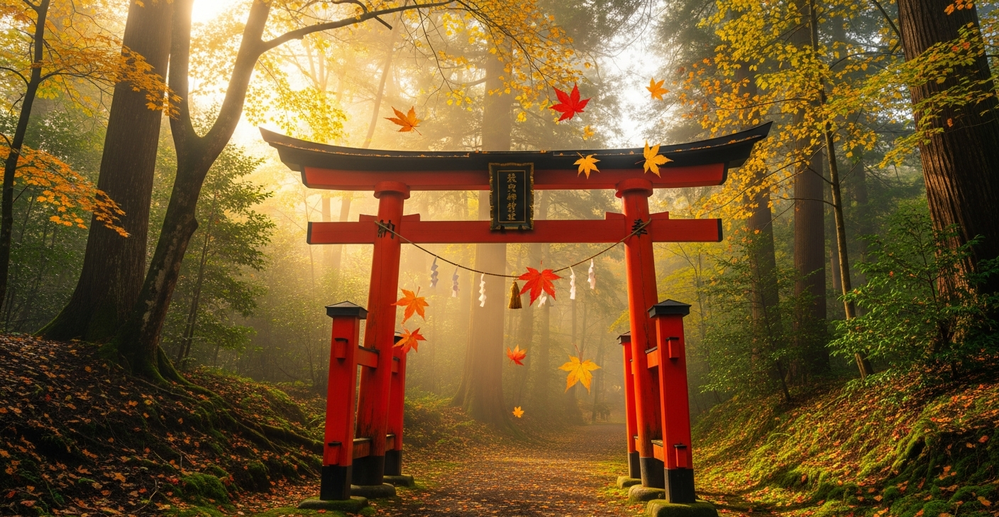 Traditional Japanese torii gate in morning mist at forest shrine with autumn leaves
