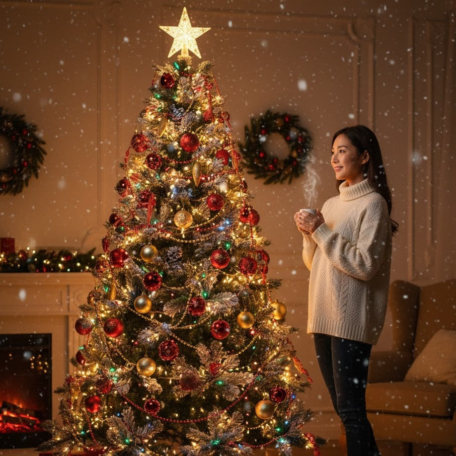 Smiling woman enjoying a warm drink by a brightly lit Christmas tree in a cozy festive living room. Evokes holiday cheer, perfect for showcasing Christmas gift ideas under $79, affordable holiday presents, and budget-friendly Christmas shopping.