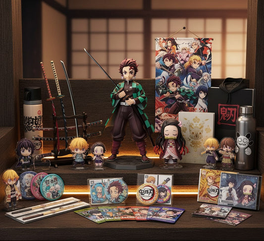 Demon Slayer anime merchandise collection with Tanjiro figure, Nezuko, mini swords, and fan collectibles. Must-have items for Kimetsu no Yaiba enthusiasts.