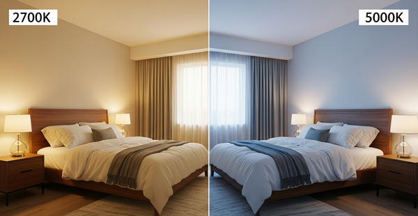 Split comparison of warm white 2700K and cool white 5000K LED lighting in same bedroom