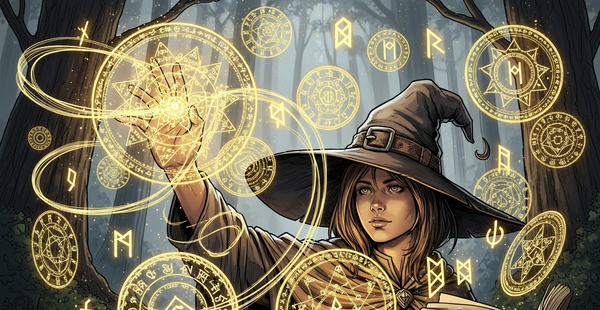 Witch drawing magical glowing ink spell patterns in enchanted forest for Witch Hat Atelier anime