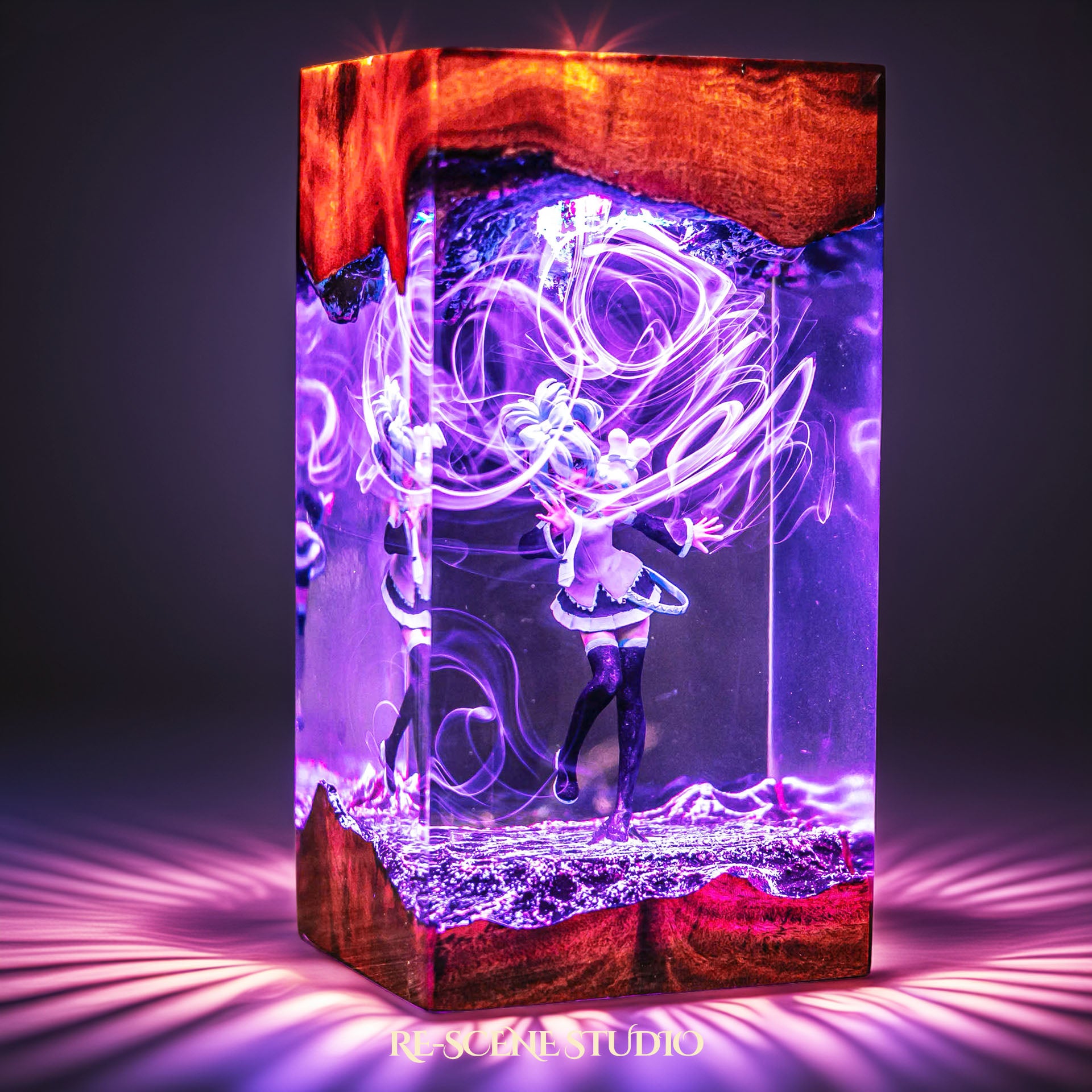 Teal twin-tailed virtual idol dancing handmade epoxy resin LED lamp on a wooden base – angled side view