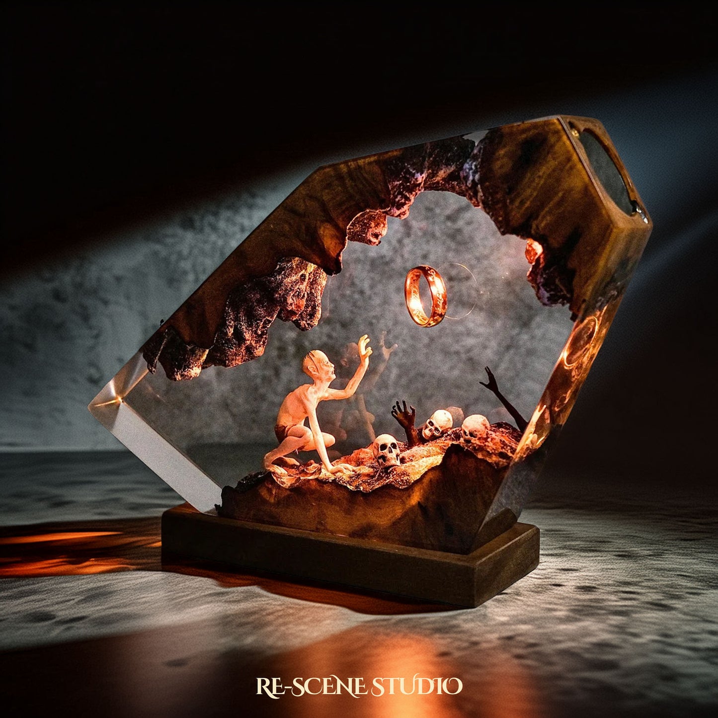 Gollum resin lamp close-up showing detailed resin art and warm LED glow