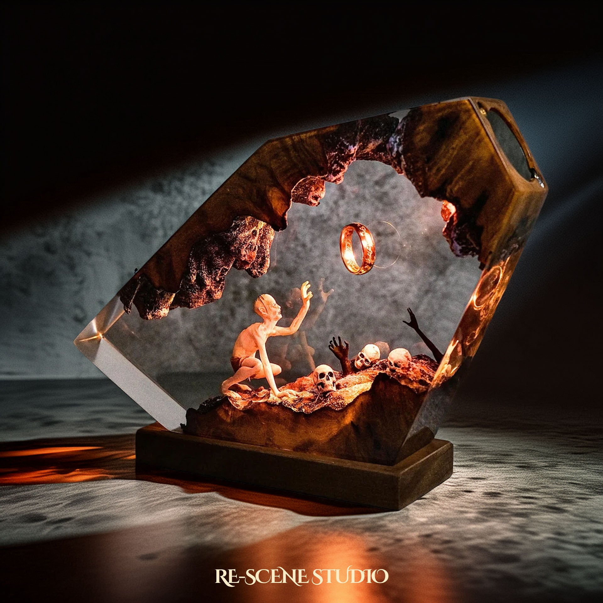 Gollum resin lamp close-up showing detailed resin art and warm LED glow