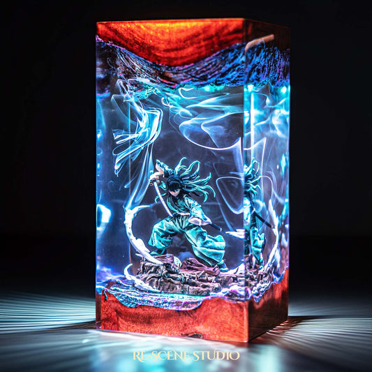 Teal-haired mist swordsman in a battle stance handmade epoxy resin LED lamp on a wooden base – front view, lit