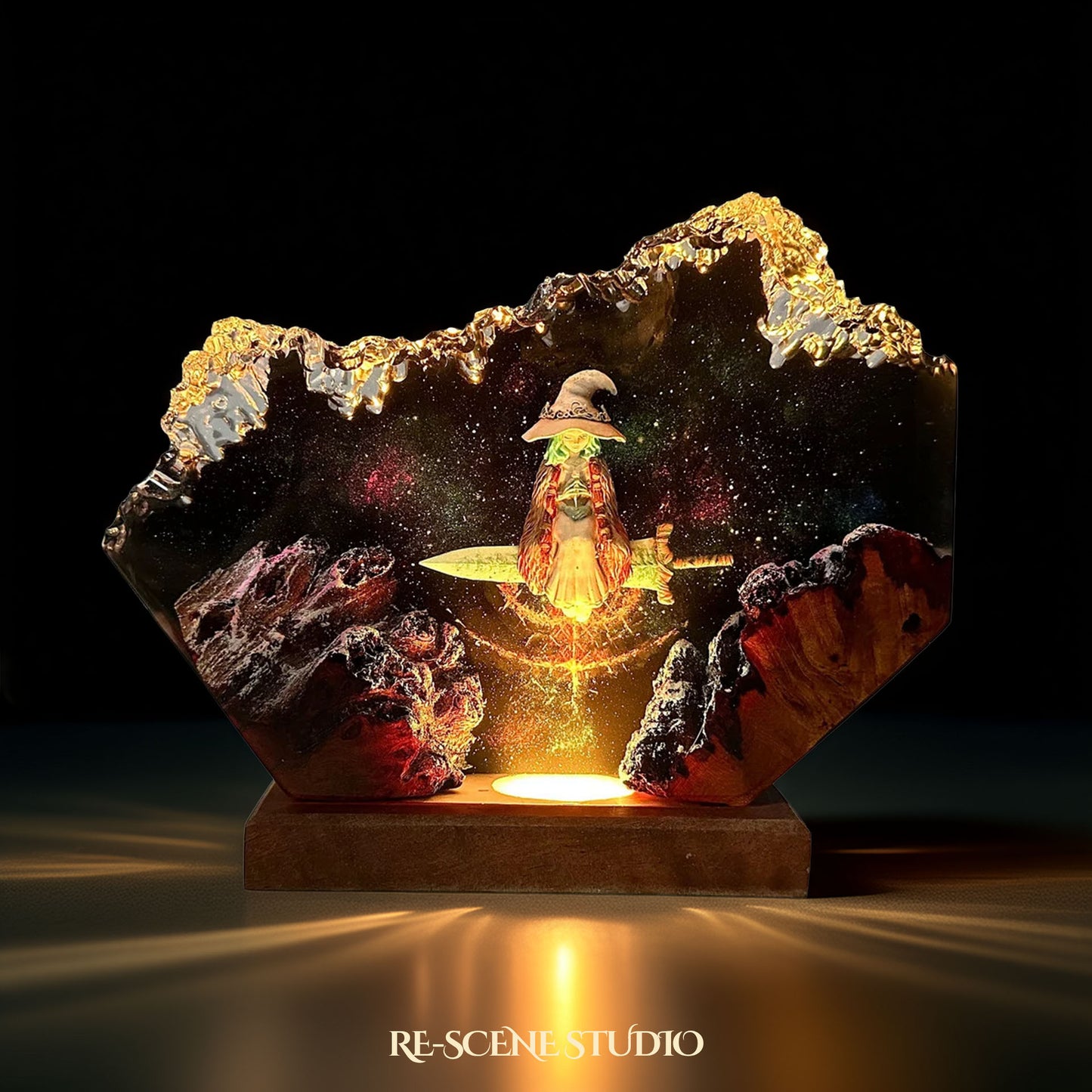 Ranni the Witch resin lamp close-up showing detailed resin art and warm LED glow