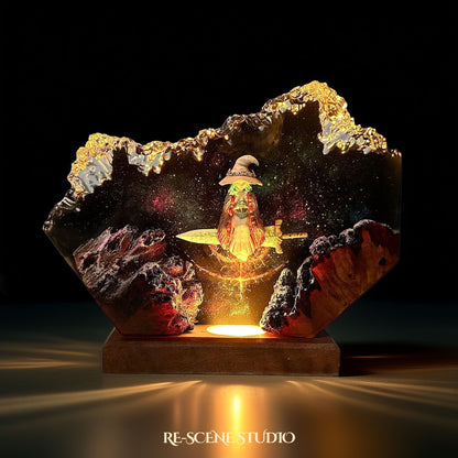Ranni the Witch resin lamp close-up showing detailed resin art and warm LED glow