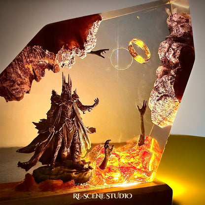 Sauron Dark Lord resin lamp close-up showing detailed resin art and warm LED glow